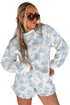 Floral Print Striped Detail Long Sleeve Top Ruffle Hem Shorts 2Pcs Short Set