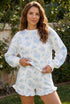 Floral Print Striped Detail Long Sleeve Top Ruffle Hem Shorts 2Pcs Short Set