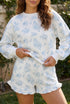 Floral Print Striped Detail Long Sleeve Top Ruffle Hem Shorts 2Pcs Short Set