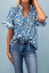 Floral Print Striped Detail Tie Neck Puff Sleeve Blouse