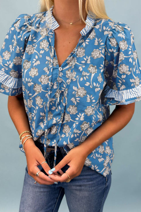 Floral Print Striped Detail Tie Neck Puff Sleeve Blouse