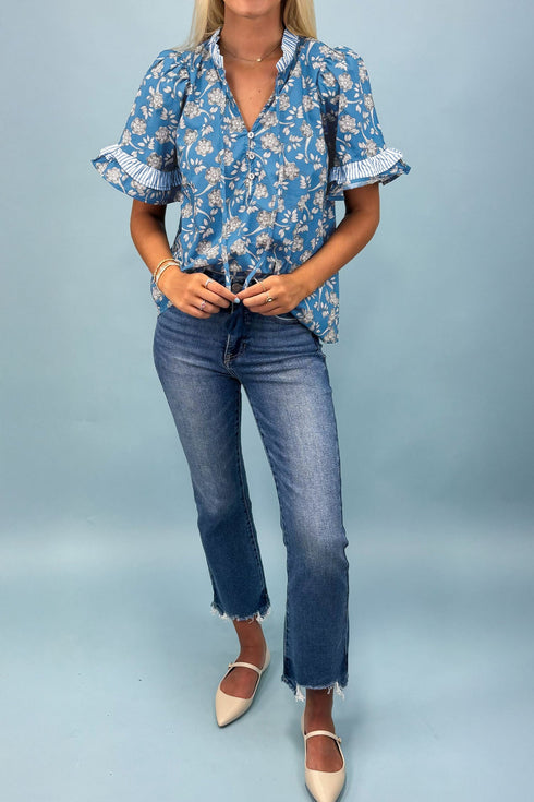 Floral Print Striped Detail Tie Neck Puff Sleeve Blouse
