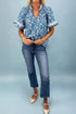 Floral Print Striped Detail Tie Neck Puff Sleeve Blouse