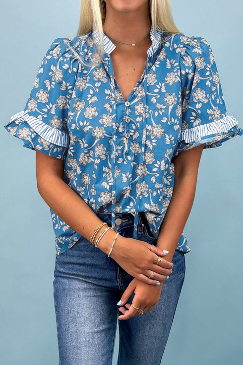 Floral Print Striped Detail Tie Neck Puff Sleeve Blouse