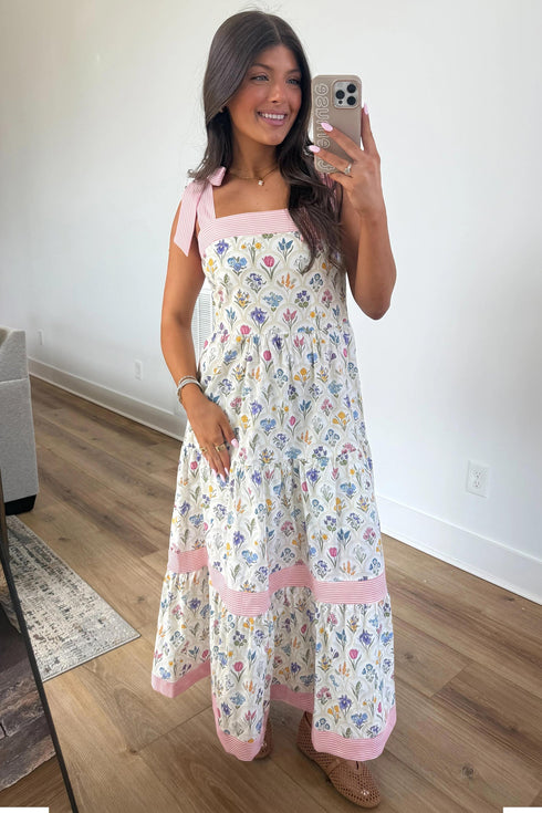Floral Print Striped Knot Strap A Line Maxi Dress