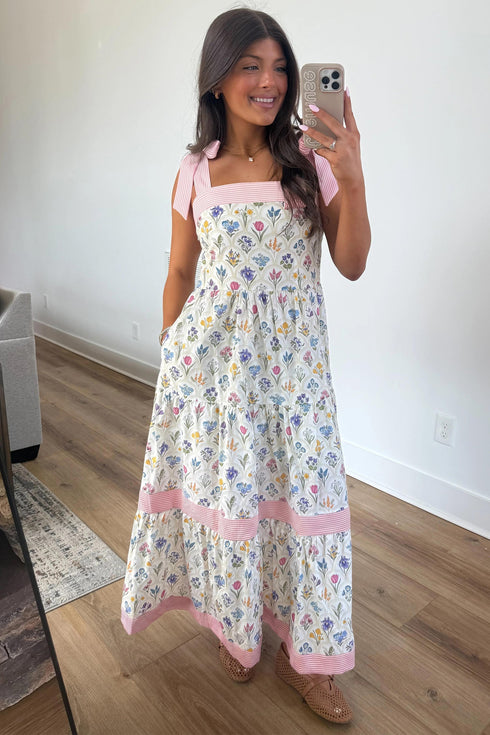 Floral Print Striped Knot Strap A Line Maxi Dress