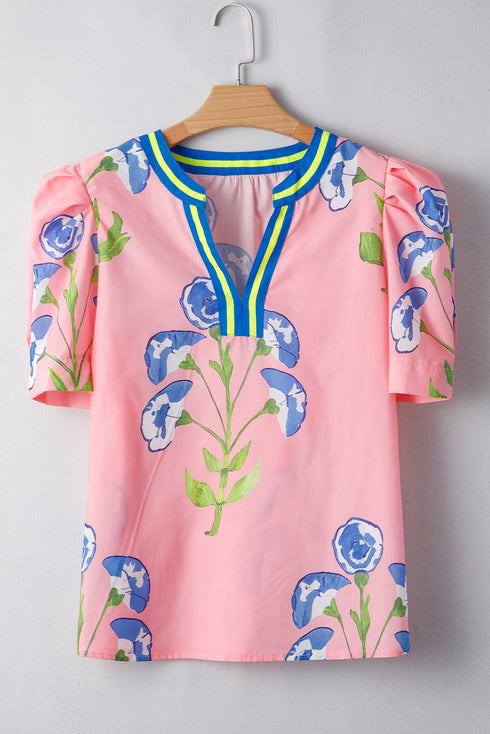 Floral Print Striped Notched V Neck Bubble Sleeve Blouse