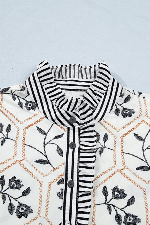 Floral Print Striped Patchwork Button Neck Puff Sleeve Blouse
