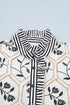 Floral Print Striped Patchwork Button Neck Puff Sleeve Blouse