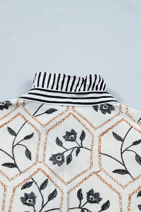 Floral Print Striped Patchwork Button Neck Puff Sleeve Blouse