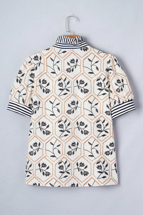 Floral Print Striped Patchwork Button Neck Puff Sleeve Blouse