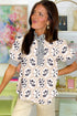 Floral Print Striped Patchwork Button Neck Puff Sleeve Blouse