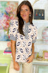 Floral Print Striped Patchwork Button Neck Puff Sleeve Blouse