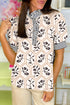 Floral Print Striped Patchwork Button Neck Puff Sleeve Blouse