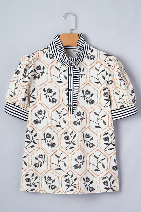 Floral Print Striped Patchwork Button Neck Puff Sleeve Blouse