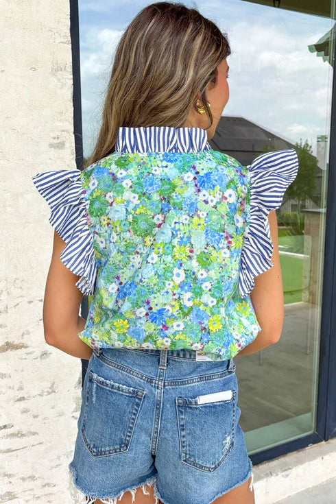 Floral Print Striped Patchwork Ruffle Sleeve V Neck Blouse
