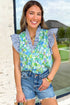 Floral Print Striped Patchwork Ruffle Sleeve V Neck Blouse
