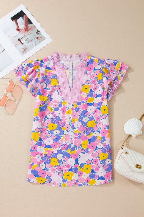 Floral Print Striped Patchwork V Neck Flutter Sleeve Blouse