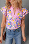 Floral Print Striped Patchwork V Neck Flutter Sleeve Blouse
