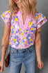 Floral Print Striped Patchwork V Neck Flutter Sleeve Blouse