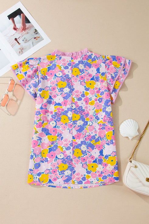 Floral Print Striped Patchwork V Neck Flutter Sleeve Blouse