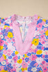 Floral Print Striped Patchwork V Neck Flutter Sleeve Blouse