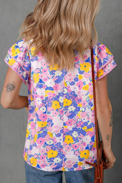Floral Print Striped Patchwork V Neck Flutter Sleeve Blouse