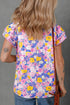 Floral Print Striped Patchwork V Neck Flutter Sleeve Blouse