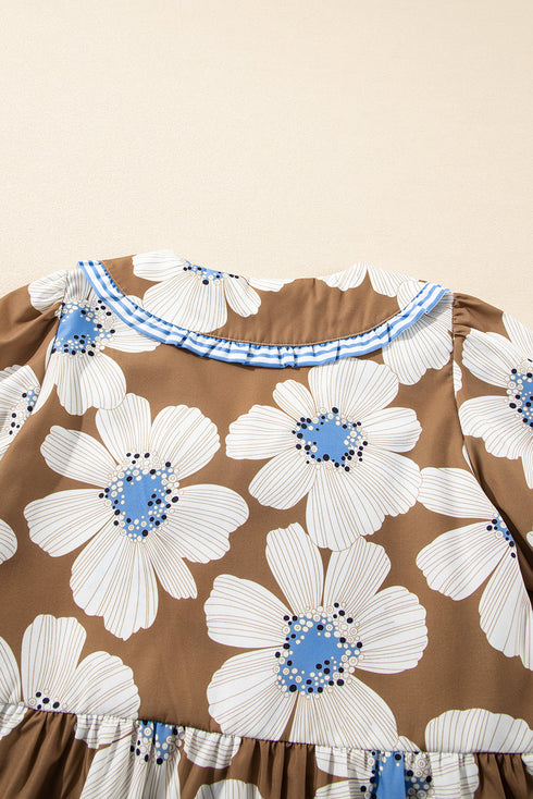 Floral Print Striped Tie Sleeve Collared V Neck Blouse