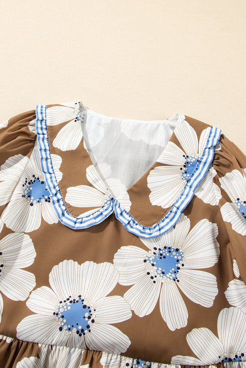 Floral Print Striped Tie Sleeve Collared V Neck Blouse