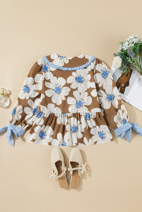 Floral Print Striped Tie Sleeve Collared V Neck Blouse