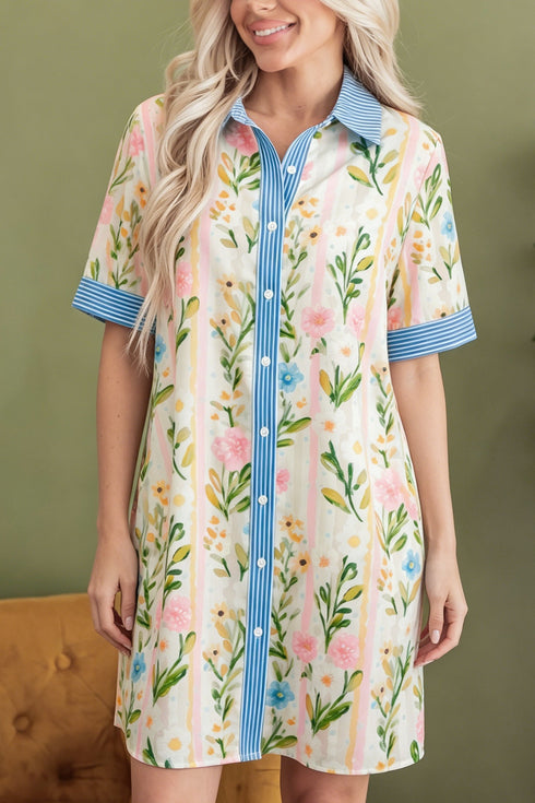 Floral Print Striped Trim Button Down Shift Mini Dress