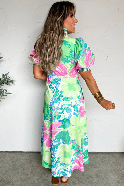 Floral Print Striped Trim Button Down Short Sleeve Dress