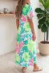 Floral Print Striped Trim Button Down Short Sleeve Dress