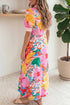 Floral Print Striped Trim Button Down Short Sleeve Dress