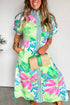 Floral Print Striped Trim Button Down Short Sleeve Dress