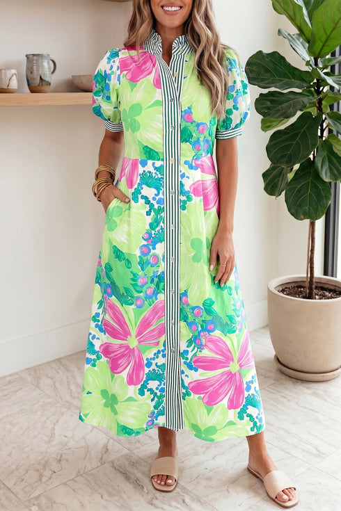Floral Print Striped Trim Button Down Short Sleeve Dress
