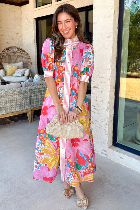 Floral Print Striped Trim Button Down Short Sleeve Dress