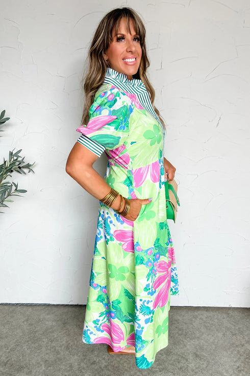 Floral Print Striped Trim Button Down Short Sleeve Dress