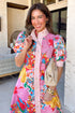Floral Print Striped Trim Button Down Short Sleeve Dress