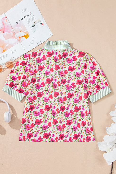 Floral Print Striped Trim Collared Puff Sleeve Blouse