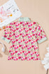 Floral Print Striped Trim Collared Puff Sleeve Blouse