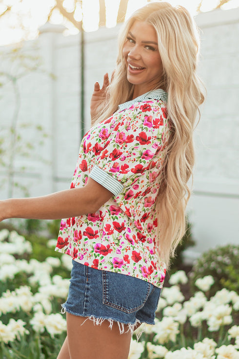 Floral Print Striped Trim Collared Puff Sleeve Blouse