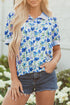 Floral Print Striped Trim Collared Puff Sleeve Blouse