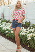 Floral Print Striped Trim Collared Puff Sleeve Blouse