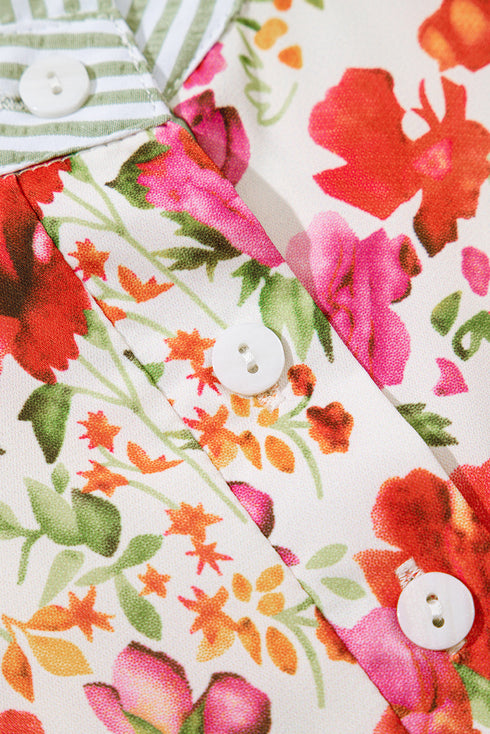 Floral Print Striped Trim Collared Puff Sleeve Blouse