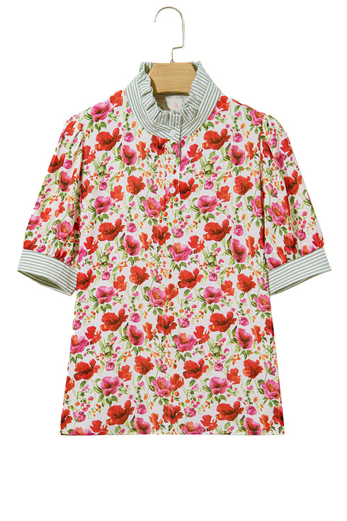 Floral Print Striped Trim Collared Puff Sleeve Blouse