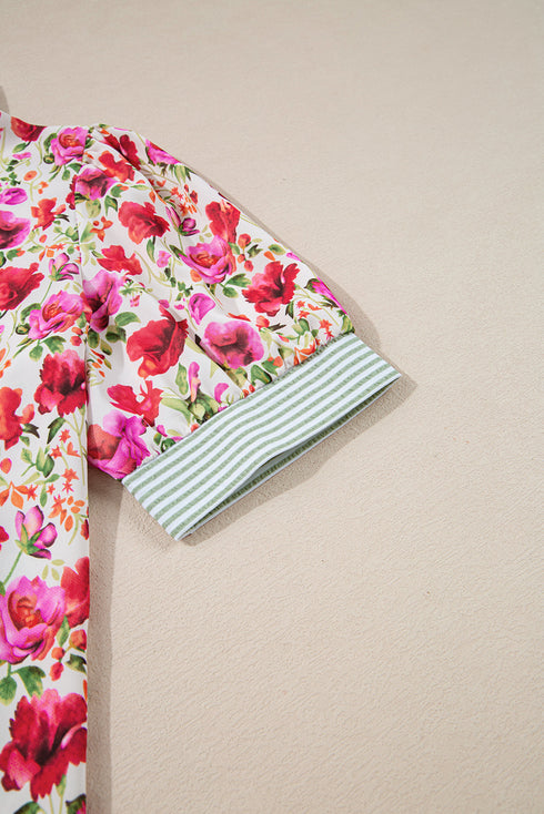 Floral Print Striped Trim Collared Puff Sleeve Blouse