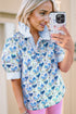 Floral Print Striped Trim Collared Puff Sleeve Blouse