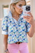 Floral Print Striped Trim Collared Puff Sleeve Blouse
